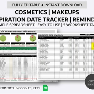 Puede incluir: Una plantilla de hoja de cálculo para realizar un seguimiento de las fechas de caducidad de los productos cosméticos y de maquillaje. La hoja de cálculo incluye pestañas para el análisis de existencias, recordatorios de fecha de caducidad y una lista de productos cosméticos comunes. La hoja de cálculo está diseñada para su uso con Microsoft Excel y Google Sheets.