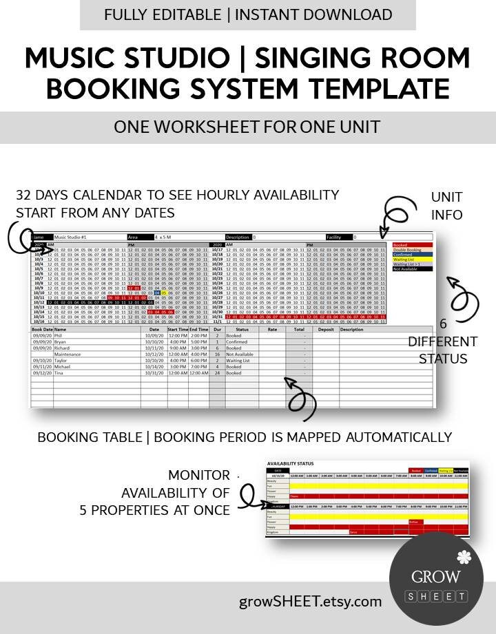 music-studio-hourly-rental-booking-template-singing-room-hourly-rental-reservation-spreadsheet-room-reservation-manager-excel-template-etsy