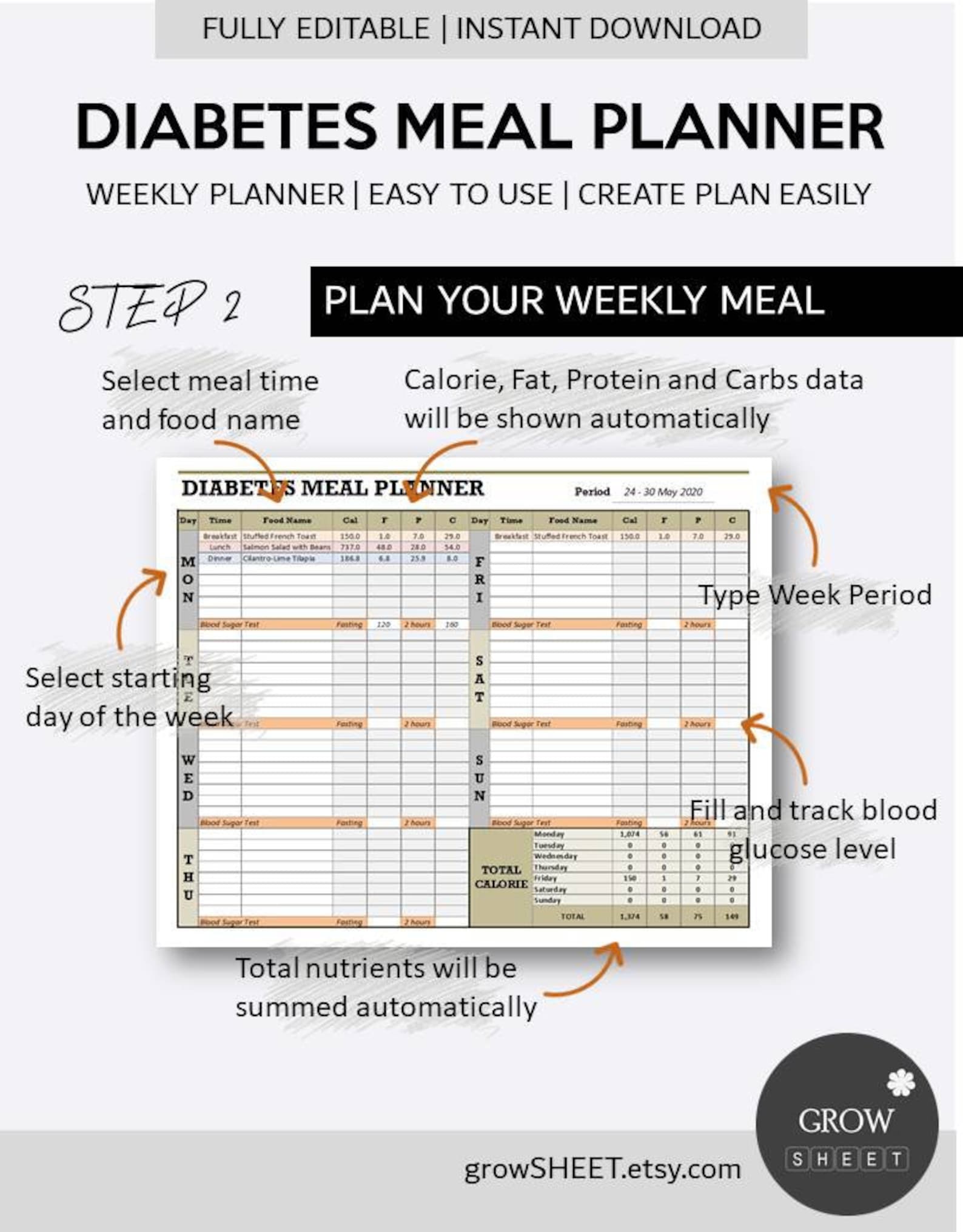 Diabetes Meal Planner Excel Template Fully Editable Weekly Menu Planner