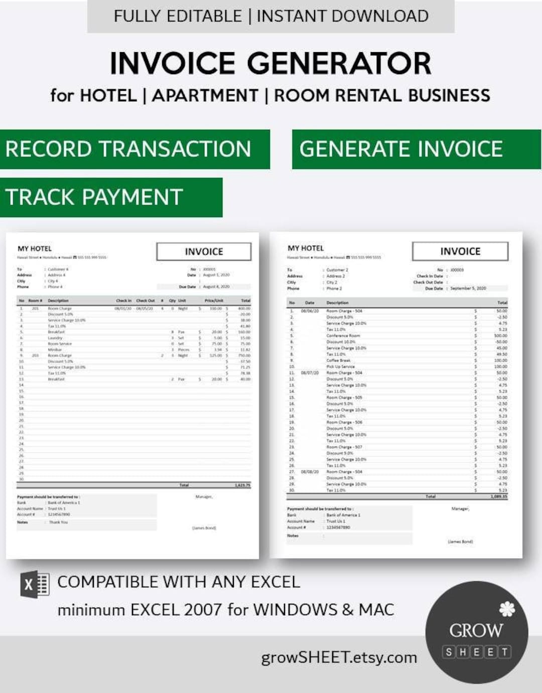 Invoice generator for hotel business excel invoice template etsy