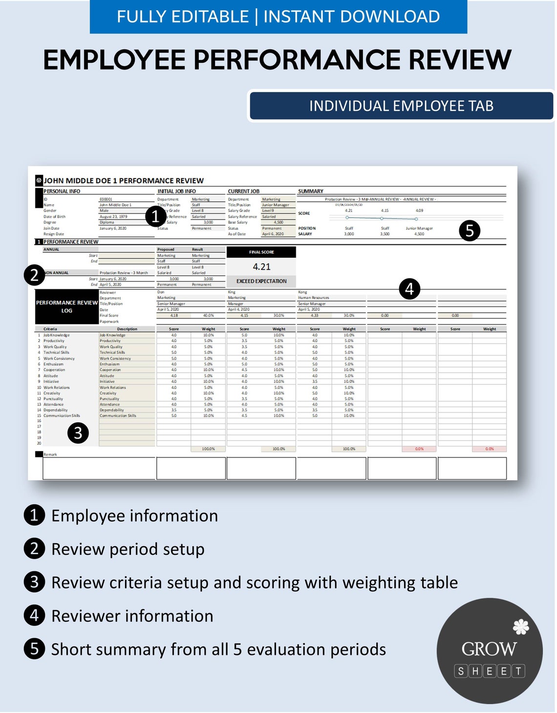 Performance Discussion Log Employee Performance Review Template With Database | Performance ...