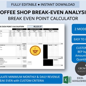 Análise do ponto de equilíbrio da cafeteria | Calculadora automatizada de ponto de equilíbrio mensal e diário | Menu Multi BEP | Calculadora de receita mínima de vendas