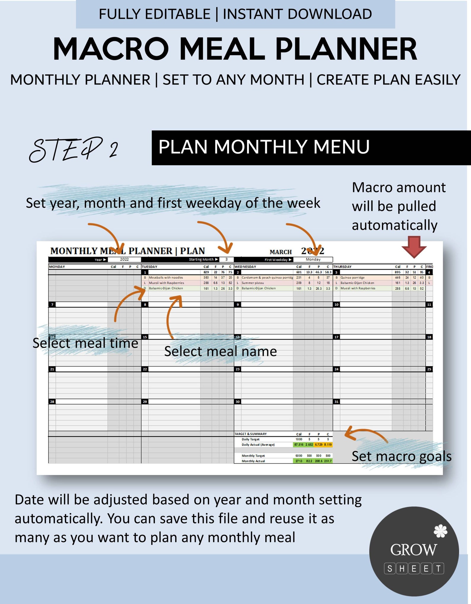 Macro Meal Planner for Excel and Google Sheets | Fully Editable Monthly ...
