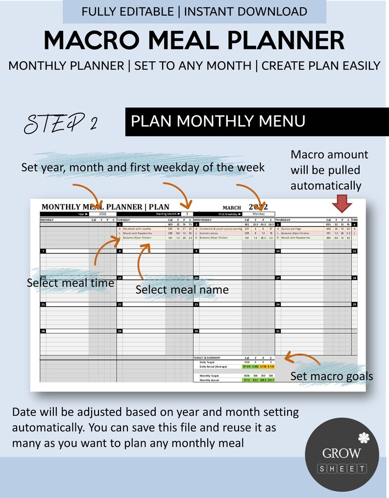 Macro Meal Planner for Excel and Google Sheets Fully Editable Monthly