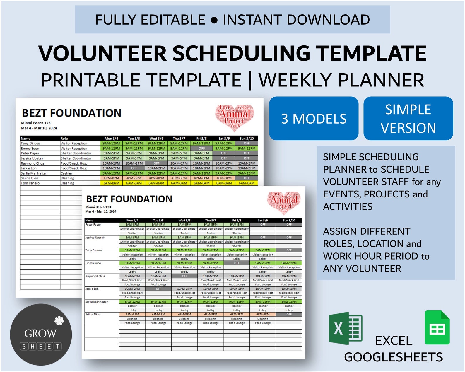 Volunteer Scheduling Template for Excel and Google Sheets | Multi Roles-location-shift Period ...