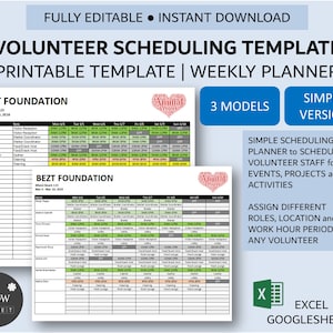 Peut inclure: Un modèle de planification des bénévoles imprimable avec le texte "VOLUNTEER SCHEDULING TEMPLATE" et "PLANIFICATEUR HEBDOMADAIRE". Le modèle comprend un planificateur hebdomadaire avec le logo "BEZT FOUNDATION" et le texte "3 MODÈLES" et "VERSION SIMPLE".