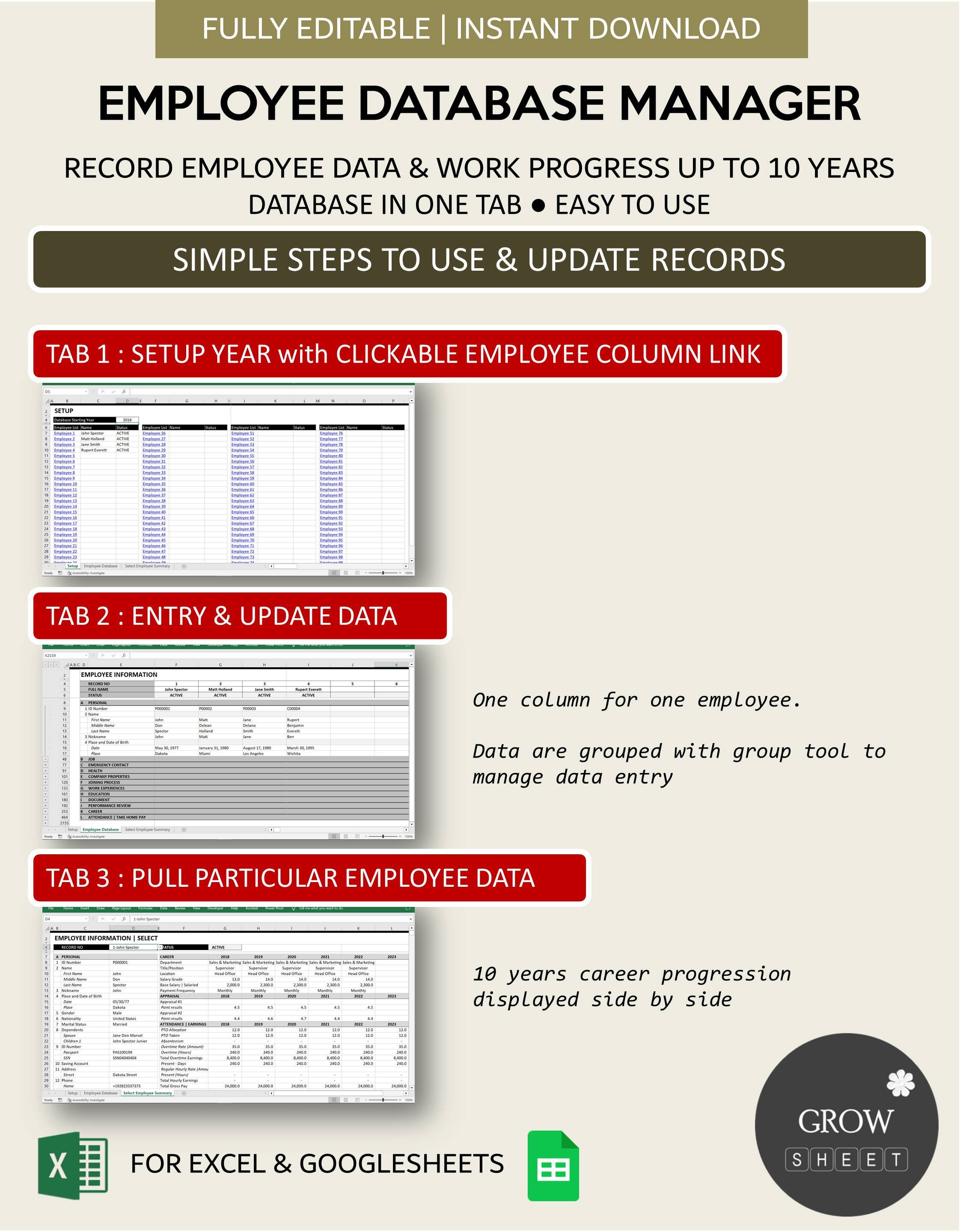 Simple Employee Database Manager for Excel and Google Sheets | Employee ...