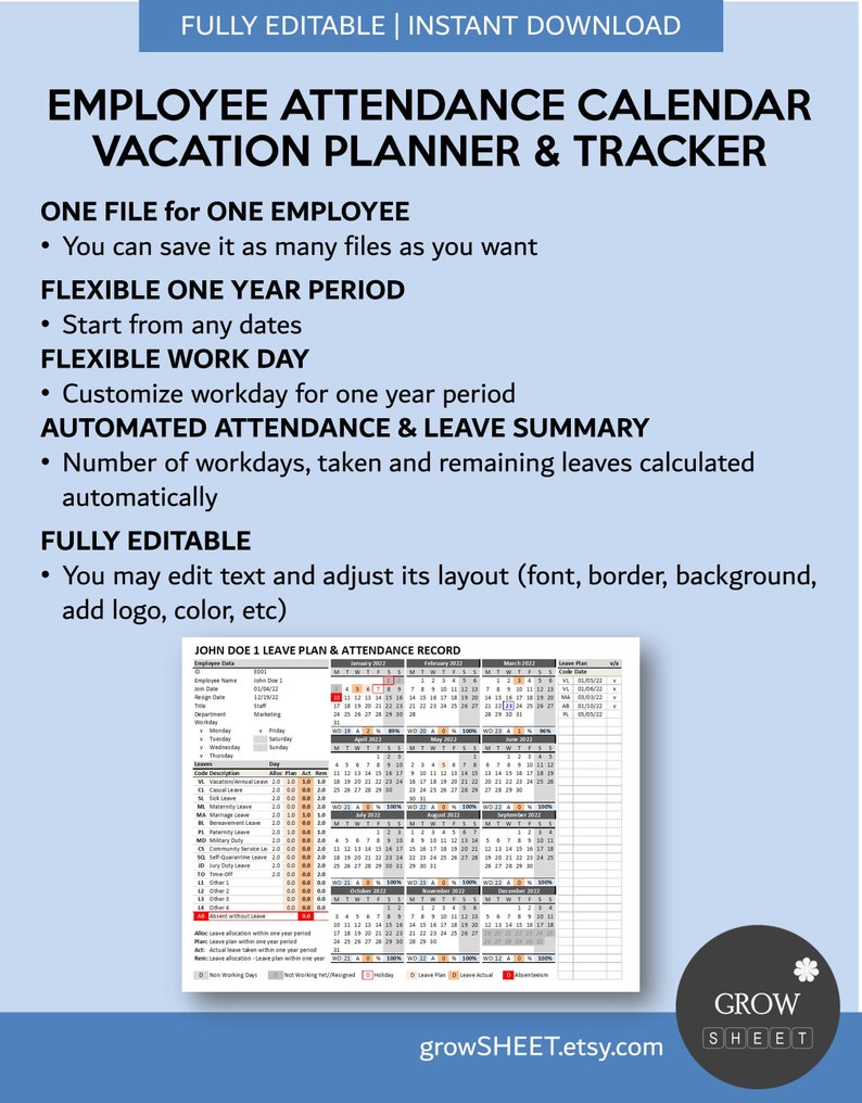 Employee Attendance Calendar 2022 2023 2024 and Beyond Etsy
