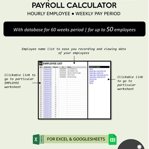Pay Stub Generator | Salary Slip Creator with Hourly Employee Database | Weekly Pay Period | Payroll Manager for Excel and Googlesheets image 3
