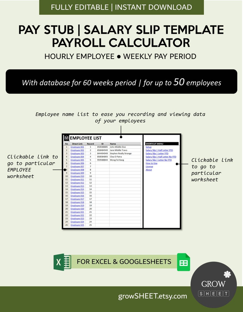 Pay Stub Generator | Salary Slip Creator with Hourly Employee Database | Weekly Pay Period | Payroll Manager for Excel and Googlesheets image 3