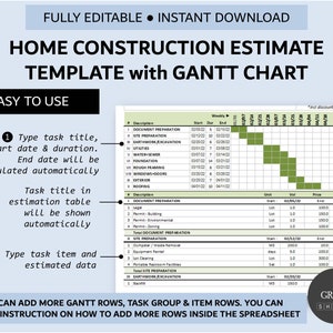 Puede incluir: Una plantilla de presupuesto de construcci&oacute;n de viviendas imprimible en verde y blanco con un diagrama de Gantt. La plantilla incluye una descripci&oacute;n de las tareas, las fechas de inicio y finalizaci&oacute;n, y la duraci&oacute;n. La plantilla tambi&eacute;n incluye una tabla para estimar los costes. La plantilla es totalmente editable y se puede descargar instant&aacute;neamente.