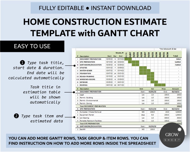 Puede incluir: Una plantilla de presupuesto de construcci&oacute;n de viviendas imprimible en verde y blanco con un diagrama de Gantt. La plantilla incluye una descripci&oacute;n de las tareas, las fechas de inicio y finalizaci&oacute;n, y la duraci&oacute;n. La plantilla tambi&eacute;n incluye una tabla para estimar los costes. La plantilla es totalmente editable y se puede descargar instant&aacute;neamente.