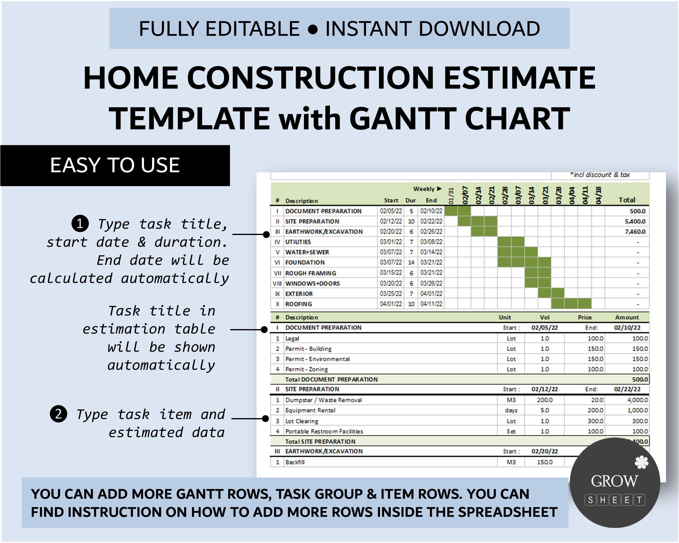 Home Construction Estimate Template With Gantt Chart for Excel and ...