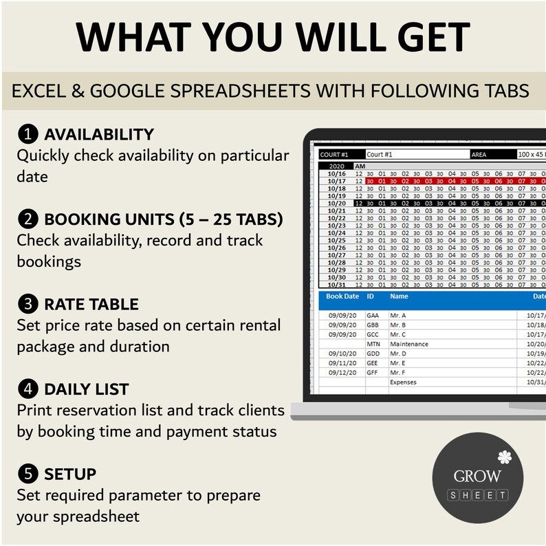 Sport Court Booking System Template | Half-Hourly Court Rental Reservation Manager | Excel | Googlesheet | 25 Courts image 2