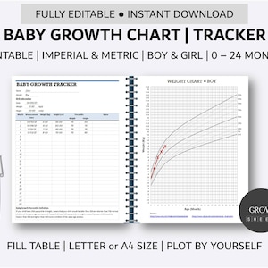 Afdrukbare babygroeigrafiek |  Baby groei 0 - 24 maanden | Jongen - Meisje Groei Grafiek Sjabloon | Baby Growth Tracker Planner Insert | PDF