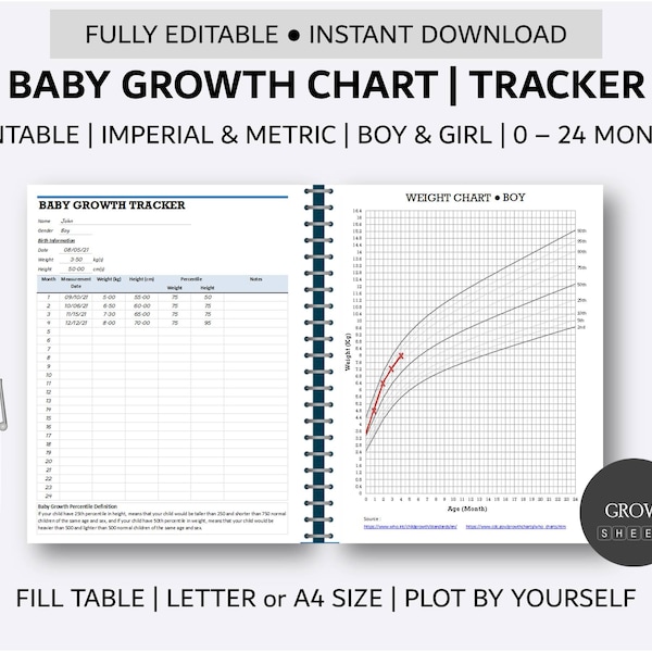 Printable Baby Growth Chart |  Baby Growth 0 - 24 Months | Boy - Girl Growth Chart Template | Baby Growth Tracker Planner Insert | PDF