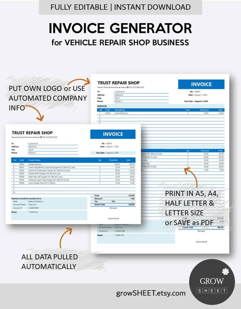 Invoice Generator for Repair Shop Business | Excel Invoice Template for ...
