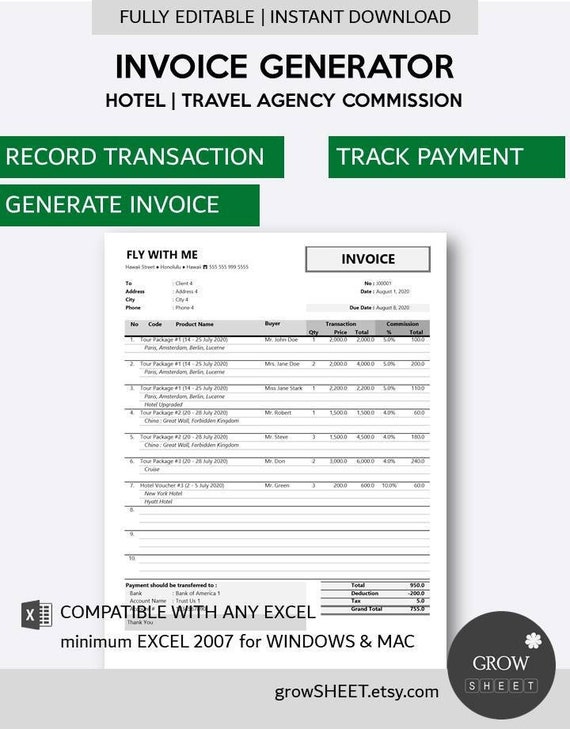 Travel Agency Commission Invoice Generator Excel Commission - Etsy
