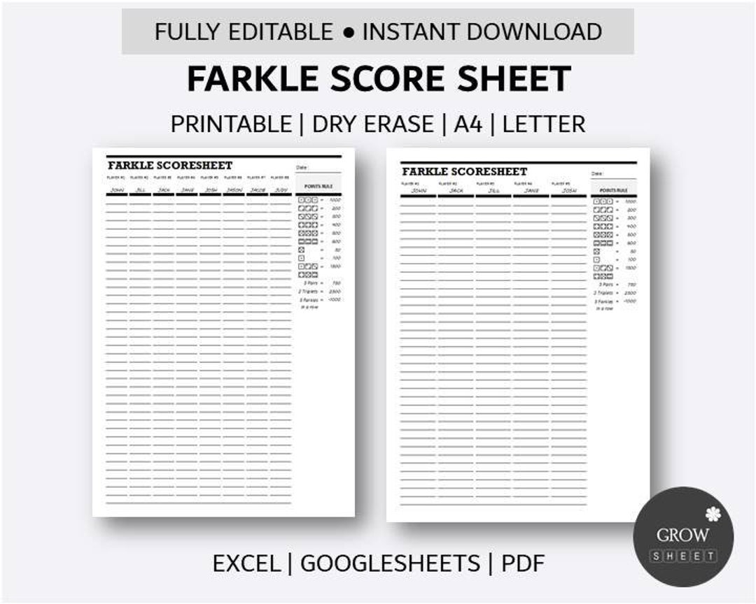 Printable Farkle Score Sheet Fully Editable Dice Score Card Templates 
