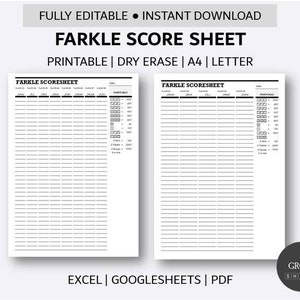 Feuille de score Farkle imprimable | Modèles de cartes de score de dés entièrement modifiables | Feuille de pointage Farkle à effacement à sec | | Excel PDF