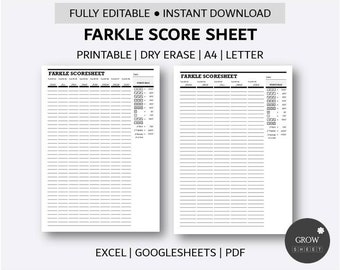 Printable Farkle Score Sheet | Fully Editable Dice Score Card Templates | Dry Erase Farkle Scoresheet | Excel | PDF