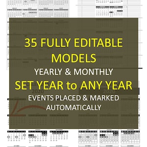 May include: A black and white calendar template with the text "35 Fully Editable Models" and "Yearly & Monthly" and "Set Year to Any Year" and "Events Placed & Marked Automatically". The calendar is for the year 2020.