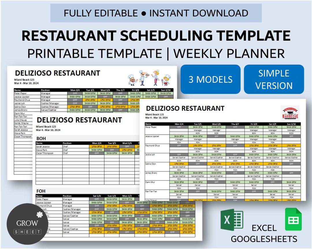 Restaurant Scheduling Template for Excel and Google Sheets Multi Roles Restaurant Scheduling Template for Excel and Google Sheets Multi Roles