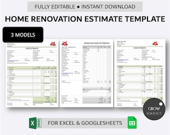 Printable Home Renovation Template for Excel and Google Sheets | Building Renovation Form | Job Estimate Spreadsheet