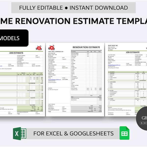Modello di ristrutturazione domestica stampabile per Fogli Excel e Google / Modulo di ristrutturazione dell'edificio / Foglio di calcolo per la stima del lavoro