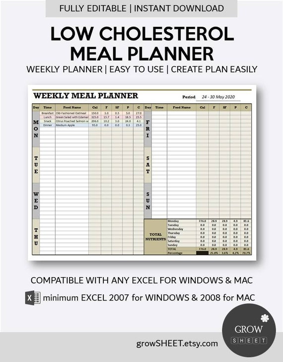 low cholesterol meal planner excel template fully editable etsy australia
