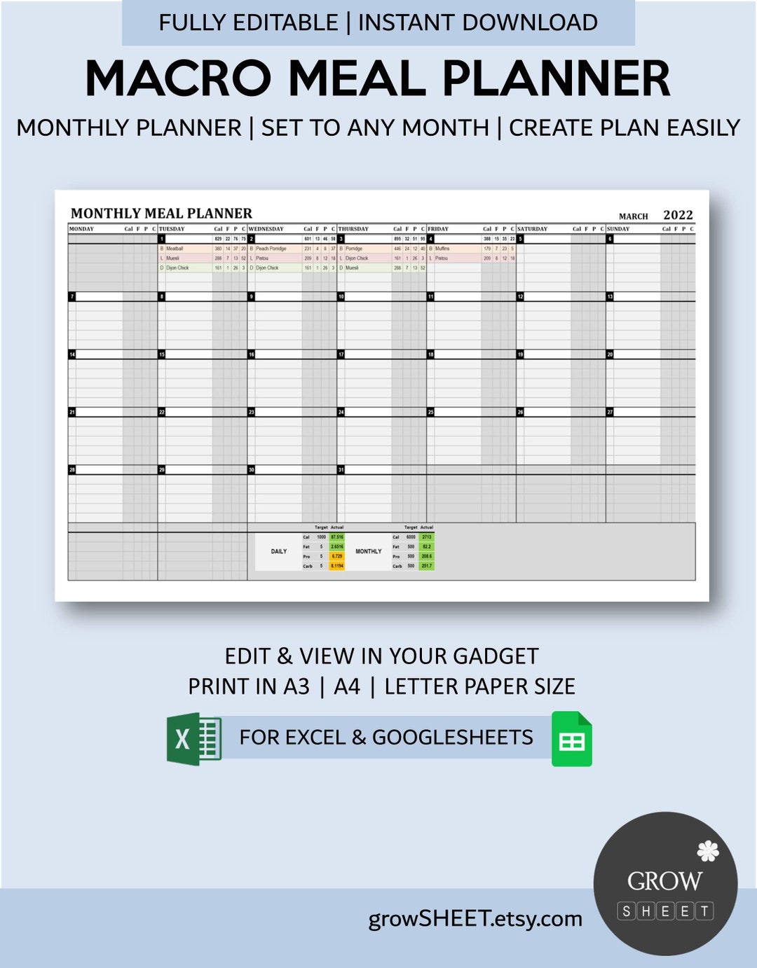 Macro Meal Planner for Excel and Google Sheets Fully Editable Monthly
