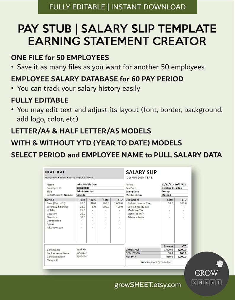 Pay Stub Generator With Database | Pay Slip Creator for Hourly Employee ...
