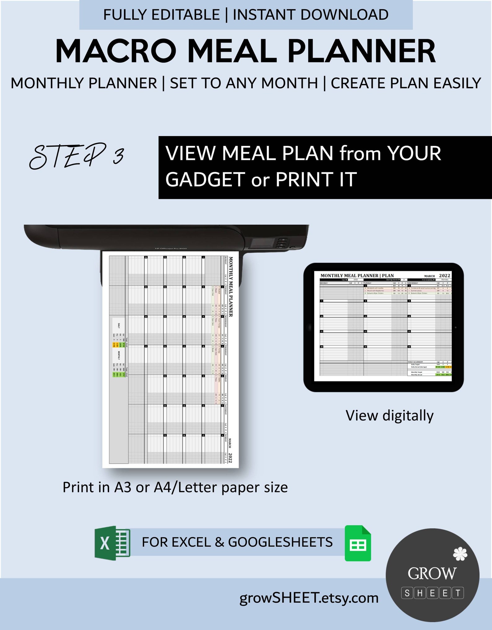 Macro Meal Planner for Excel and Google Sheets Fully Editable Monthly