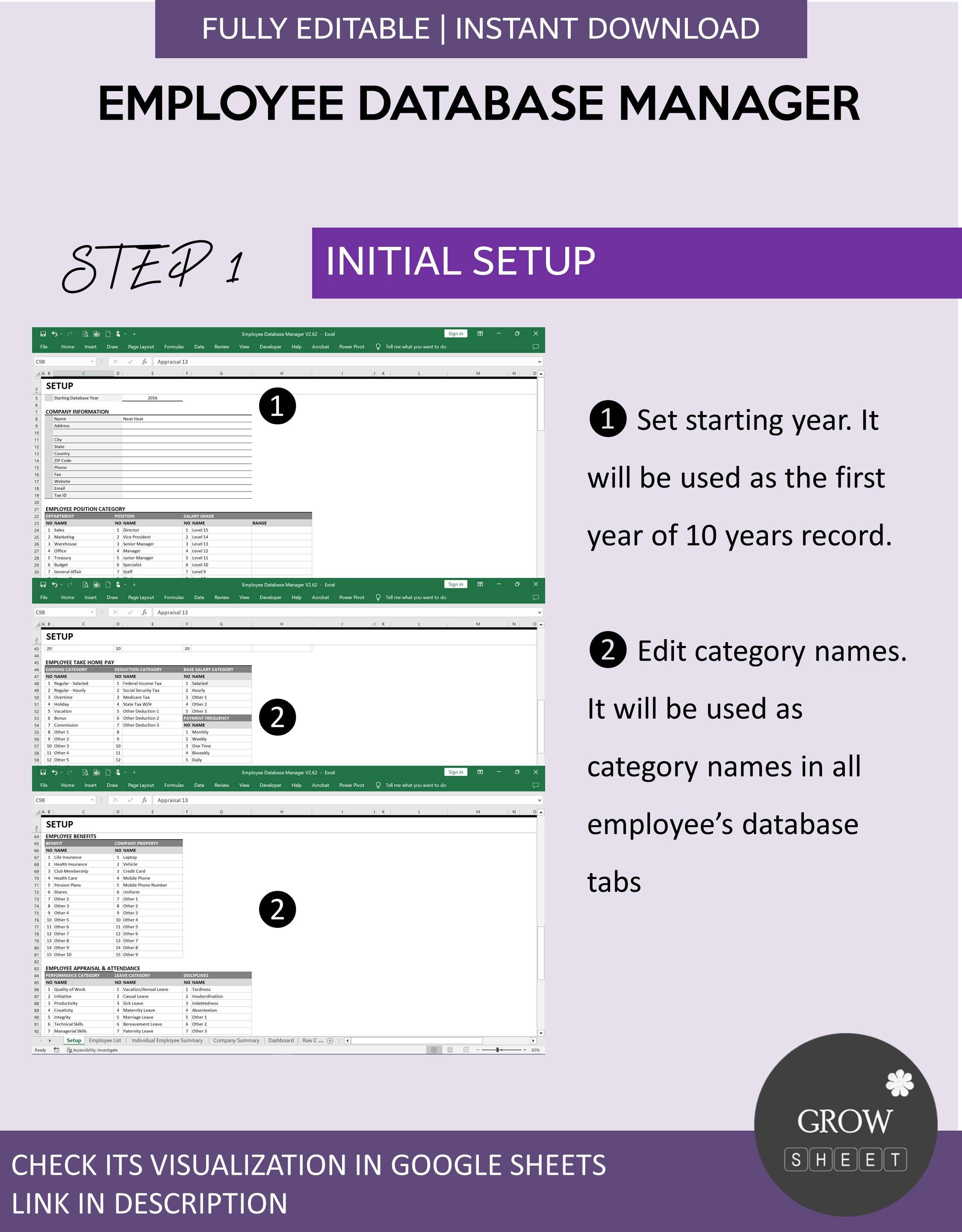 Employee Database Management System for Excel and Google Sheets Human ...