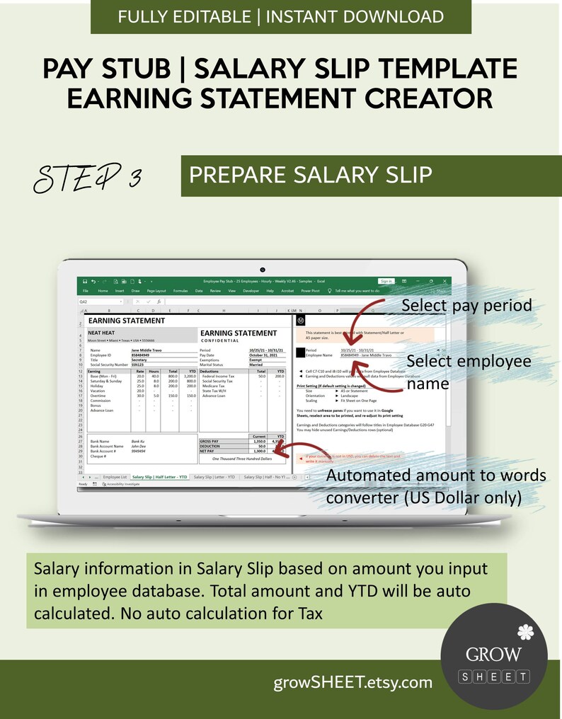 Pay Stub Generator | Salary Slip Creator with Hourly Employee Database | Weekly Pay Period | Payroll Manager for Excel and Googlesheets image 7