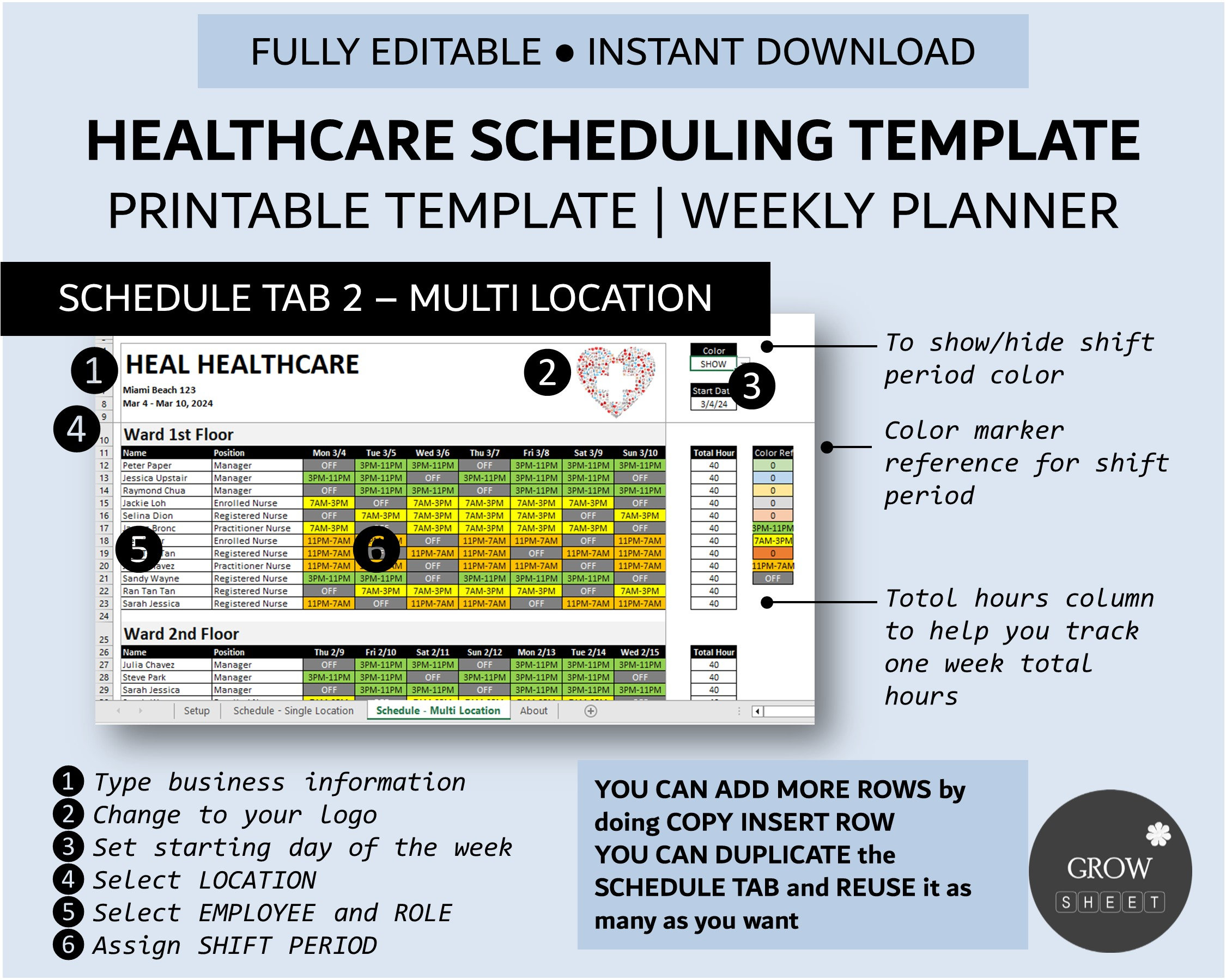 Healthcare Scheduling Template for Excel and Google Sheets Multi Roles ...