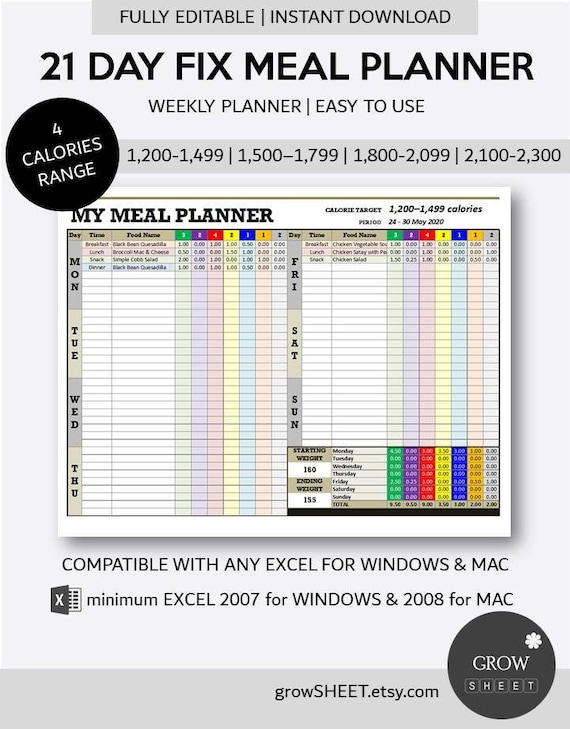 21 Day Fix Meal Planner Excel Template Weekly Diet Planner With