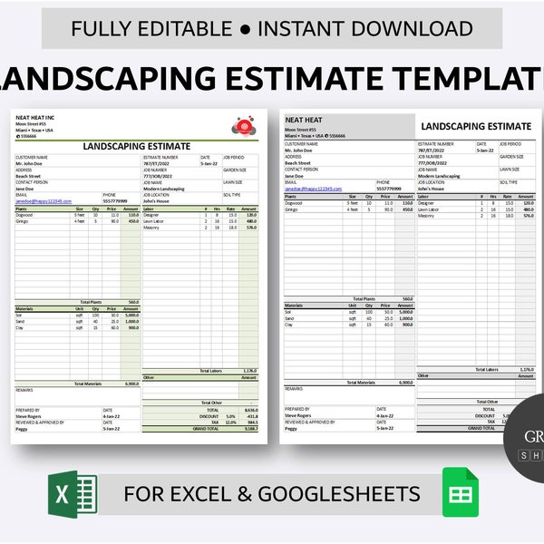 Printable Landscaping Estimate Template for Excel and Google Sheets | Home Gardening Estimate Form | Work Estimate Spreadsheet