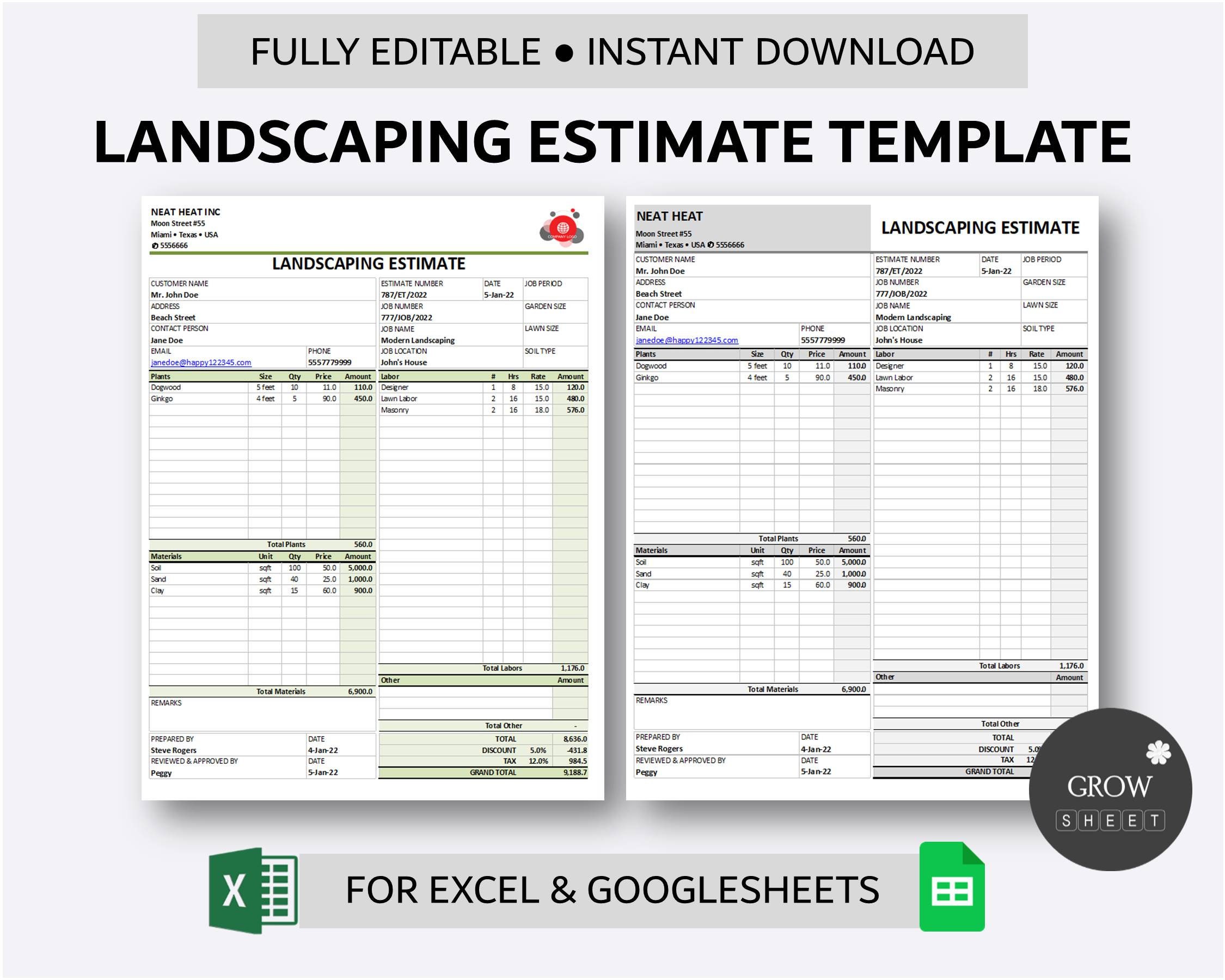 Printable Landscaping Estimate Template For Excel And Google Etsy