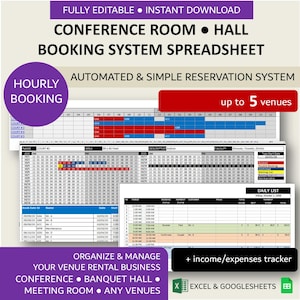 Conference Room Hourly Booking Template | Banquet Hall Reservation Spreadsheet | Simple Hourly Reservation Manager | XL | GSheets | 5 Units