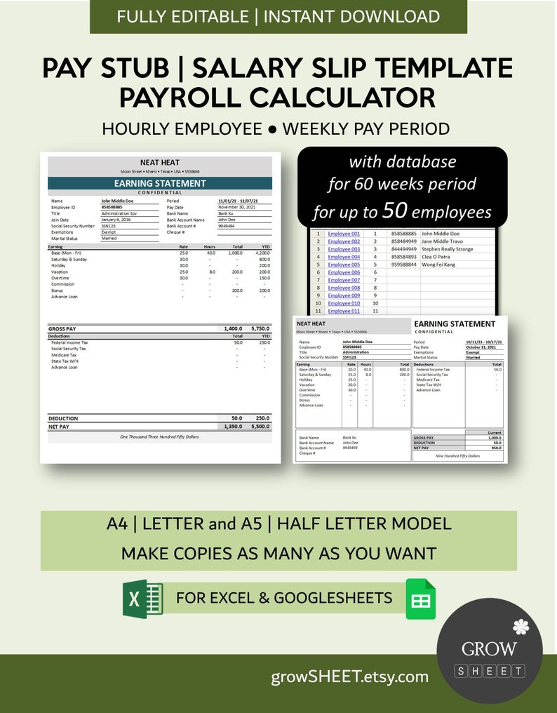 Pay Stub Generator | Salary Slip Creator with Hourly Employee Database | Weekly Pay Period | Payroll Manager for Excel and Googlesheets image 1