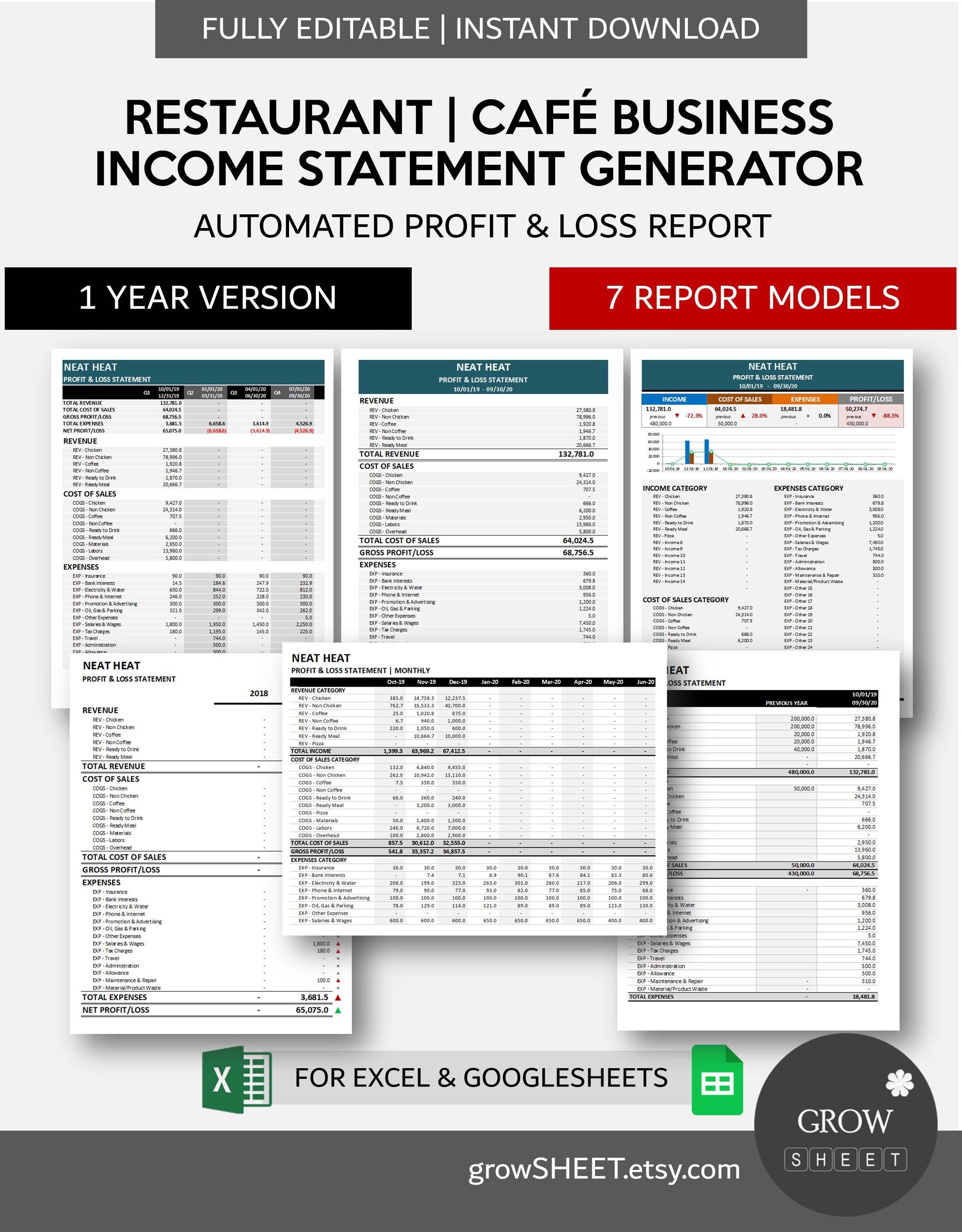 Restaurant Business Income Statement Generator Automated - Etsy