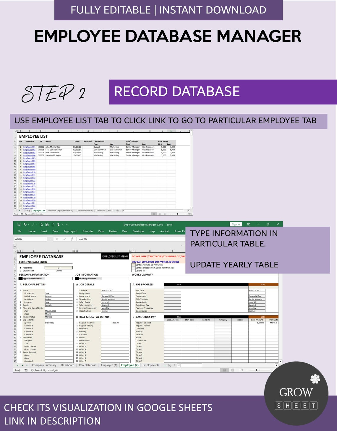 Employee Database Management System for Excel and Google Sheets Human ...