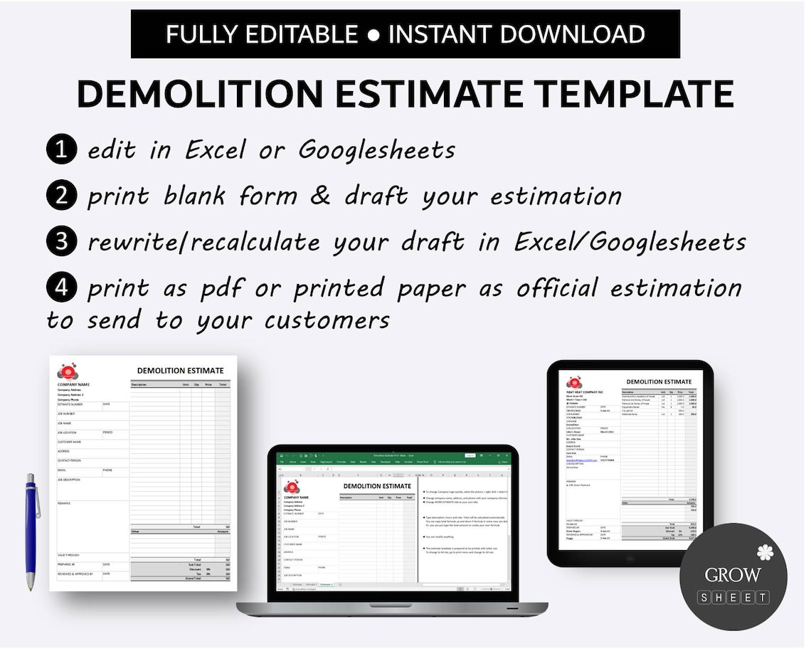 Printable Demolition Estimate Template for Excel and Google Etsy Hong