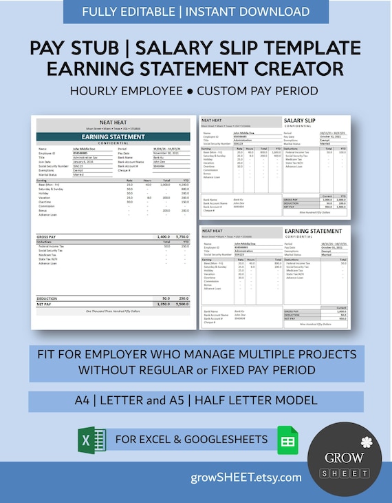 Pay Stub Generator With Pay Slip for Hourly - Etsy