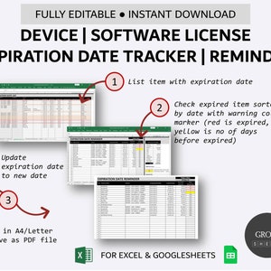 Puede incluir: Una captura de pantalla de una plantilla de hoja de c&aacute;lculo para realizar un seguimiento de las fechas de vencimiento de las licencias de software y dispositivos. La plantilla est&aacute; dise&ntilde;ada para su uso en Excel y Google Sheets. La plantilla incluye una lista de elementos con fechas de vencimiento, un sistema de advertencia codificado por colores para indicar las licencias vencidas o que est&aacute;n a punto de vencer, y una secci&oacute;n para actualizar las fechas de vencimiento. La plantilla est&aacute; etiquetada como "Device | Software License Expiration Date Tracker | Reminder".
