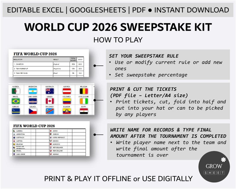 May include: A digital World Cup 2026 Sweepstake Kit with instructions. The kit includes editable Excel, Google Sheets, and PDF files. Instructions include setting rules, printing tickets, and recording final amounts. The kit is available for instant download.