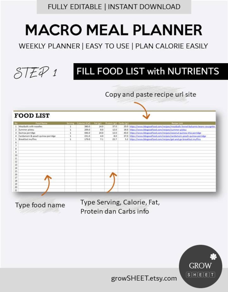 Macro Meal Planner Excel Template Fully Editable Weekly - Etsy
