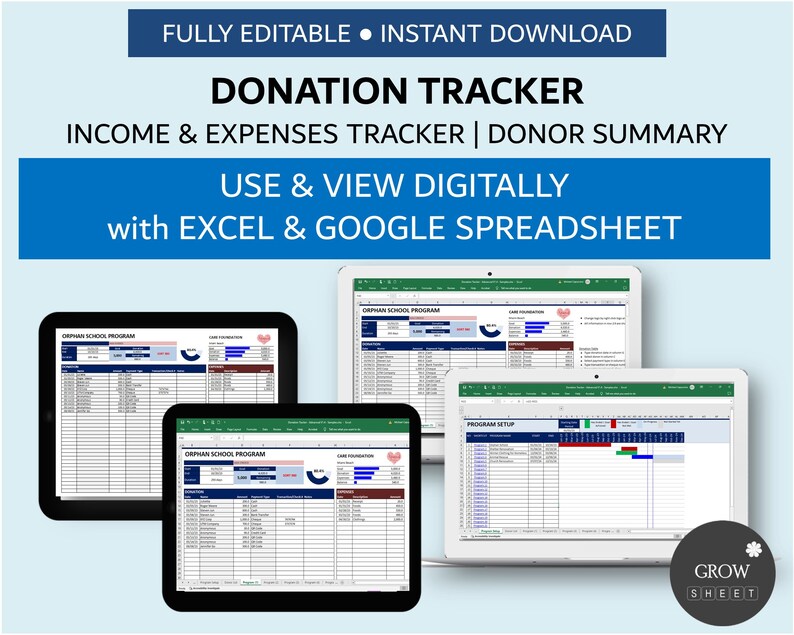 Donations Income Donation Tracker Spreadsheet | Program Donation Planner and Expenses ...