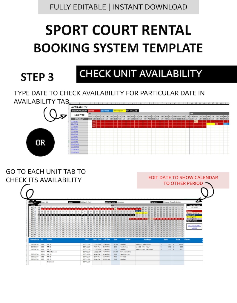 Sport Court Booking System Template | Half-Hourly Court Rental Reservation Manager | Excel | Googlesheet | 25 Courts image 8